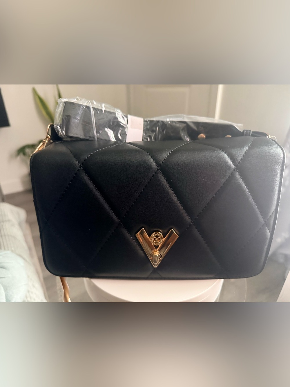 Valentino Orlandi Black Quilted Crossbody with Gold V Emblem